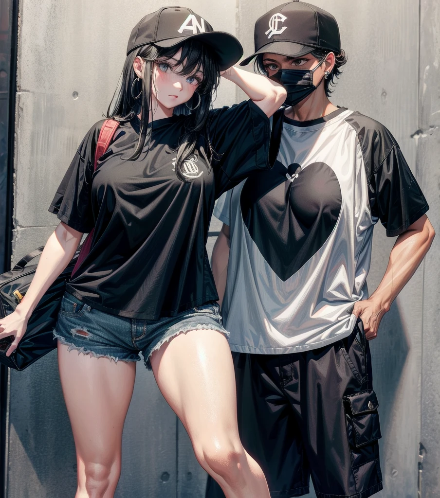 whole body, girl, big tits, medium hair, black hair, tearful mole, earring, baseball cap, black T-shirt, cargo shorts,