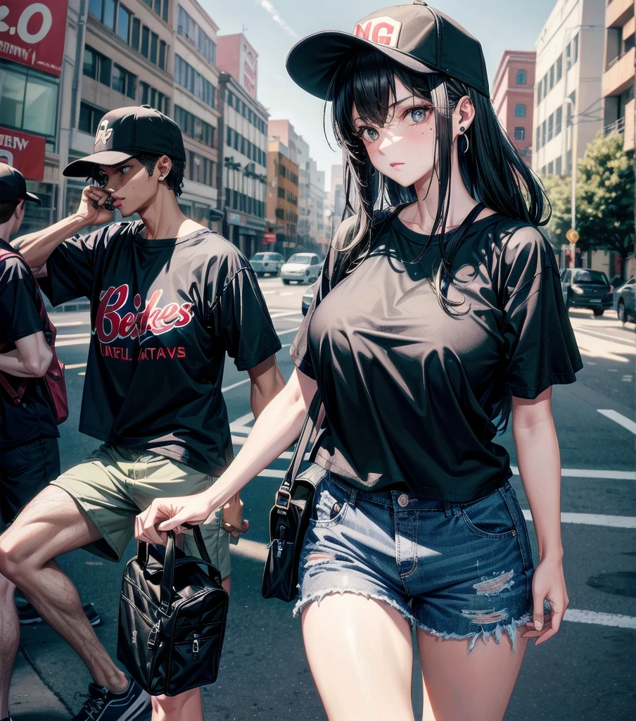 whole body, girl, big ????, medium hair, black hair, tearful mole, earring, baseball cap, black T-shirt, cargo shorts,