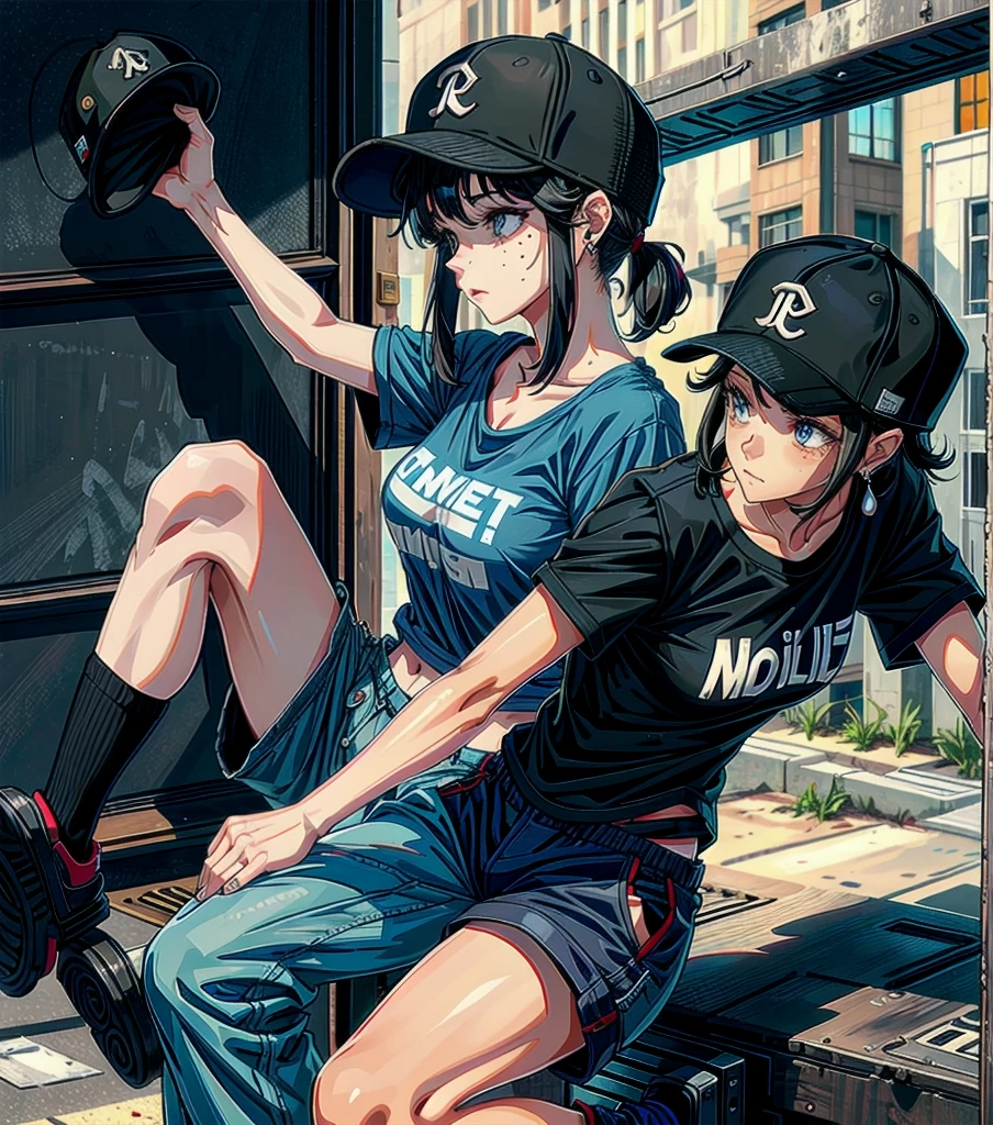whole body, girl, big tits, medium hair, black hair, tearful mole, earring, baseball cap, black T-shirt, cargo shorts,