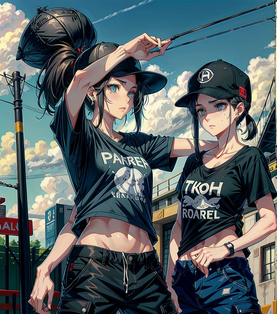 whole body, girl, big tits, medium hair, black hair, tearful mole, earring, baseball cap, black T-shirt, cargo shorts,