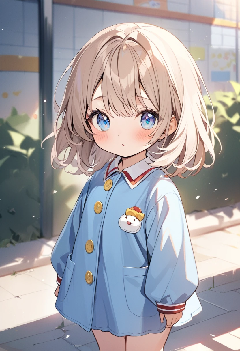 1girl,light brown color and medium length hair,blue eyes,kids kindergarten uniform