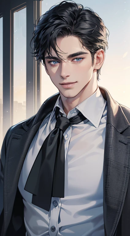 (best quality, masterpiece, 8K, photorealistic, cinematic lighting, 1:4 hdr image, ultra detailed, beautiful image), a mature man, 34 years very handsome, ((cold expression smile in love)), short grey black hair, blue eyes, face perfect without mistakes, ((buttoning his jacket, CEO))