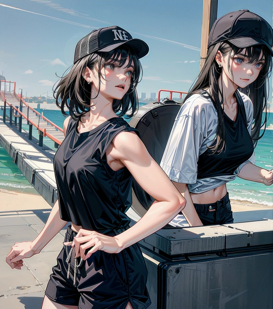 whole body, girl, big tits, medium hair, black hair, tearful mole, earring, baseball cap, black T-shirt, cargo shorts,
