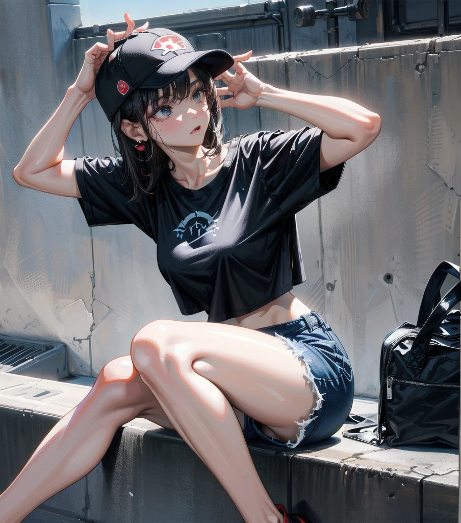 whole body, girl, big tits, medium hair, black hair, tearful mole, earring, baseball cap, black T-shirt, cargo shorts,