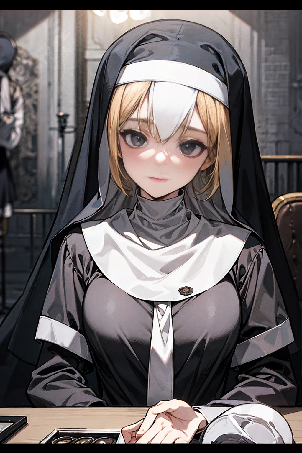 (Ultra-high resolution, 8k RAW photos, Photo Real, Thin contours), (Cinema Lighting, Fabric Shading), (Nun's hijab with gold decoration:1.3), (Huge breasts, Saggy breasts, big , Cleavage), One girl, ((Mature Woman, Mature Woman:1.2)), 20-year-old, (Chest curtain, Long tight skirt with side slits), Mature saint praying at the altar of the church, Wearing religious uniform, blush, In the heat, Embarrassed, Looking at the audience, Blonde, At night, Clothes that show your body lines, (Dynamic Angle, From above), spiritual,