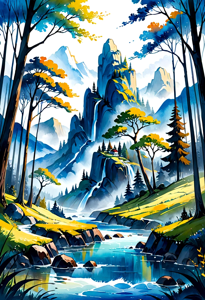 Trees in the forest々There is a picture of a bear with, digital watercolor painting, painterly illustration, Abstract properties landscape, Rich watercolors, Watercolor illustration style, digital watercolor painting painting, Watercolor digital painting, デジタルLandscape painting, abstract scenery, 落ち着いたlight blue, an an expressive digital painting, 水彩Landscape painting, an expressive digital painting, Abstract properties, light blue, Landscapes depicted, Landscape painting