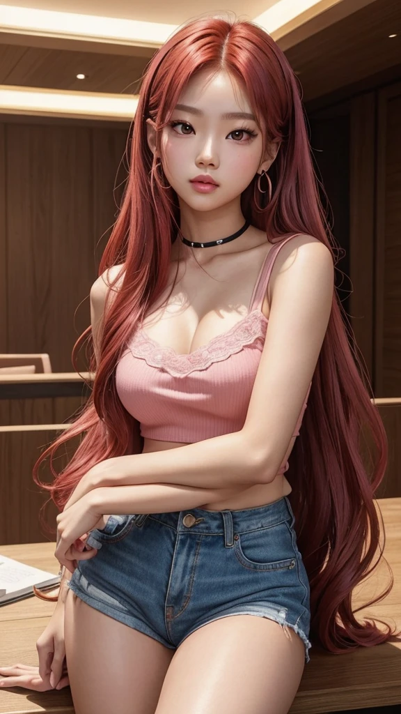 make a banner of a woman with: glowing skin, lips, sacimaer detailed skin, Beautiful face and detailed pink eyes, Spotlight, professional lighting, 1 girl, Alone, long hair, wearing a cute outfit, natural pose, lips, indoor, realistic, I want the whole image be created, face and body of blackpink's Jennie kim with red hair and in four places with different poses doing random things glowing skin, lips, sacimaer detailed skin, Beautiful face and detailed pink eyes, Spotlight, professional lighting, 1 girl, Alone, long hair, wearing a cute outfit, natural pose, lips, indoor, realistic, I want the whole image be created, face and body of blackpink's Jennie kim with red hair and in four places with different poses doing random things