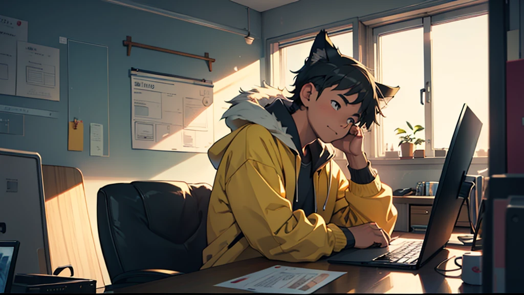 create a lofi style image in 8k to post on YouTube of a teenager studying with expressions of concentration and pleasure in front of a computer and next to him there is a window with a cute, furry cat.
