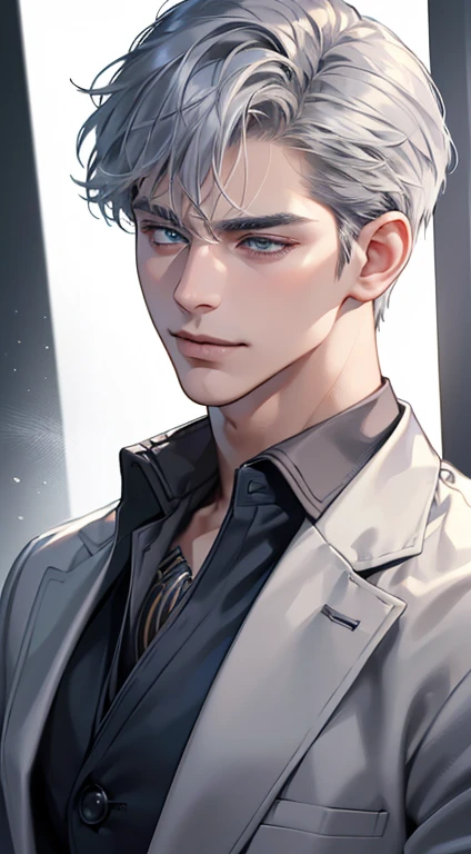 (best quality, masterpiece, 8K, photorealistic, cinematic lighting, 1:4 hdr image, ultra detailed, beautiful image), a mature man, 34 years very handsome, ((cold expression smilenin love)), short grey hair, blue eyes, face perfect without mistakes, ((buttoning his jacket, CEO))