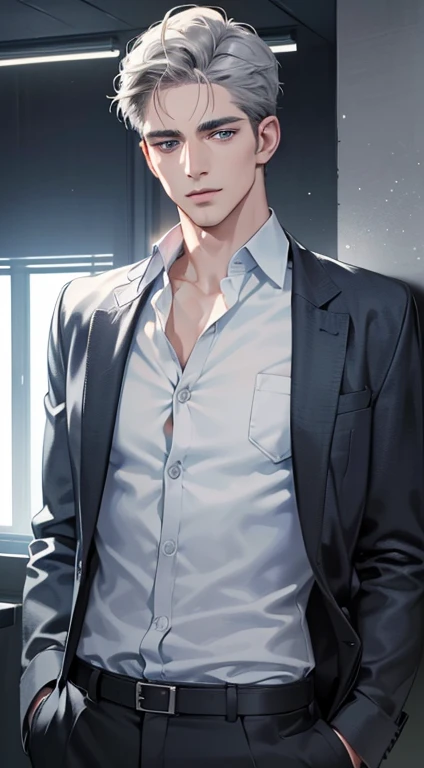 (best quality, masterpiece, 8K, photorealistic, cinematic lighting, 1:4 hdr image, ultra detailed, beautiful image), a mature man, 34 years very handsome, ((cold expression smilenin love)), short grey hair, blue eyes, face perfect without mistakes, ((buttoning his jacket, CEO))