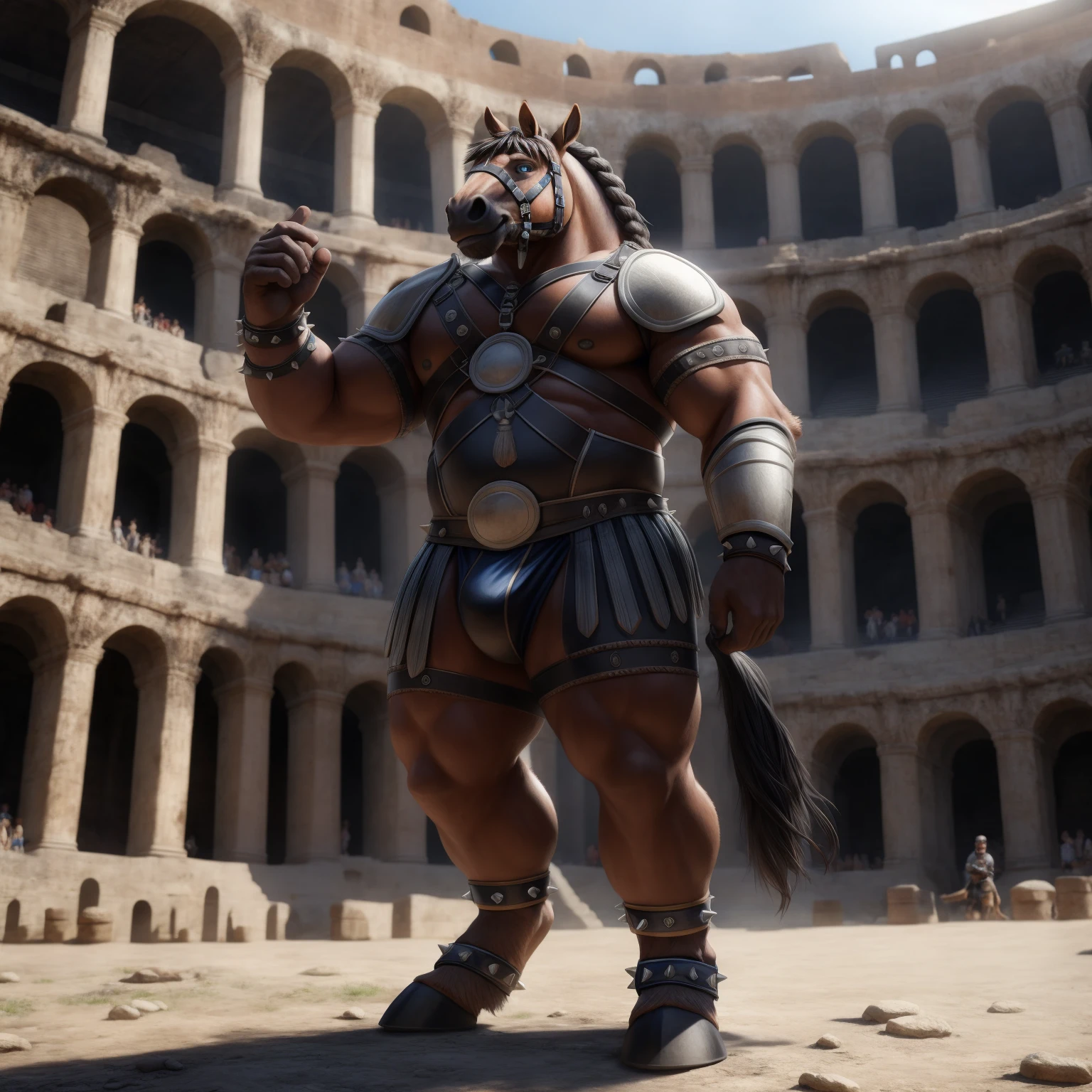 Furry, Kemono, Antropomorphic, Equine, Horse, (Color White), Furry Antropometric legs, Hooves, Antro body, Bigg Ass, Male Bulge, Bigg Balls, Full body, Braided Mane, Roman gladiator armor, Gladiator, Black leather harness, Spiked Anklet, White fitted fundoshi, Roman coliseum arena, Blue Pupil Eyes, High Resolution, 4K Detailed, Good Lighting, Beautiful, Photorealistic, Realistic