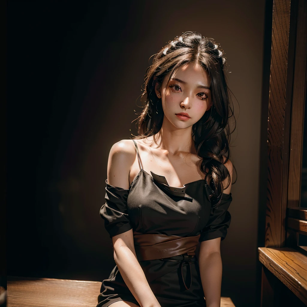 Best quality, masterpiece, ultra high res, (photorealistic:1.4), raw photo, 1girl, waist up, in coffeeshop, deep shadow, dark theme
