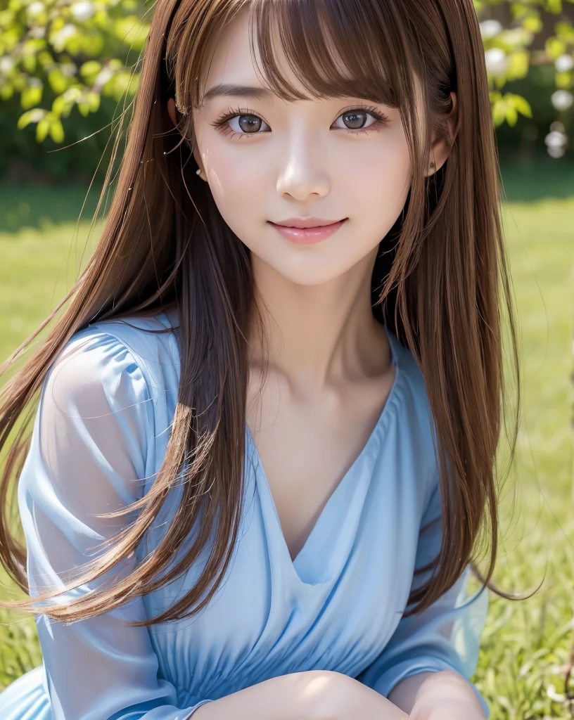 (Highest quality, 32K, High resolution, masterpiece:1.5), Beautiful Japanese Girls, An exceptionally beautiful face, Small Face Beauty, Perfect Human Anatomy, Magical big eyes, Motherhood and generosity, Deep Love, fleeting smile, ((Shiny brown hair:1.1)), ((Super Long Straight Silk Hair)), Asymmetrical bangs, Hair between the eyes, Transparent, soft white skin, Sharp eyebrows, Thin lashes, Natural Makeup, Cheek highlighter, Pale pink detailed lips, ((Blue dress:1.2)), High resolutionの完璧な鎖骨, High resolutionの美しい胸元, Slim figure with ample breasts, High resolutionの美しい太もも, Beautiful legs, ((On the hill in spring)), Sitting on a green meadow, ((Absolute area:1.3)), Dazzling sunlight, blue sky, White cloud, Professional Lighting, Professional Photographer, Professional Model