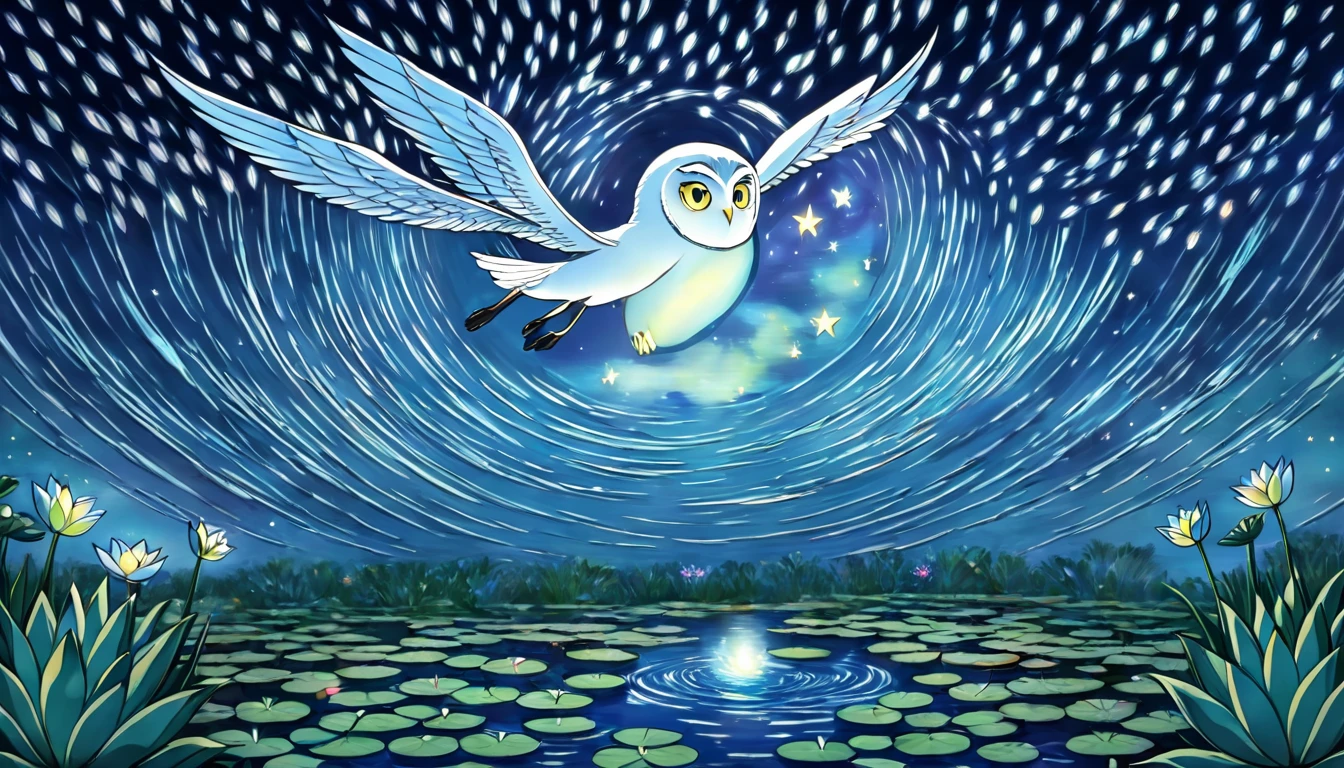 Light blue long hair，Beautiful girl with twin tails、water．Vivid water lilies(many, Impressionism, oil)、Blue Dress、Bright smile、Masterpiece、Moonlit Night、shooting star、milky way、A white owl flies in the sky、Fireflies are glowing and flying