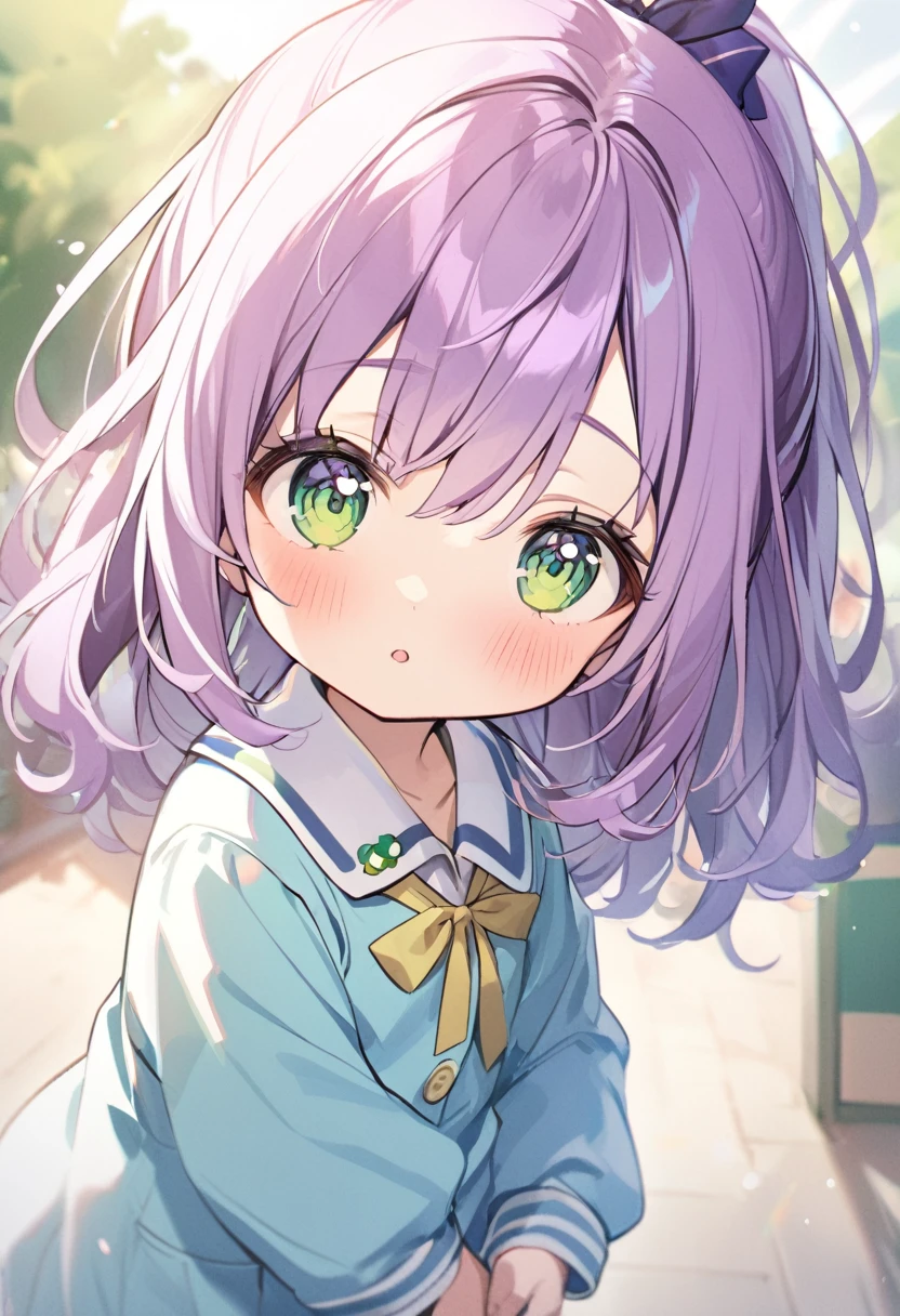 1girl,purple ponytail hair,green eyes,kids kindergarten uniform