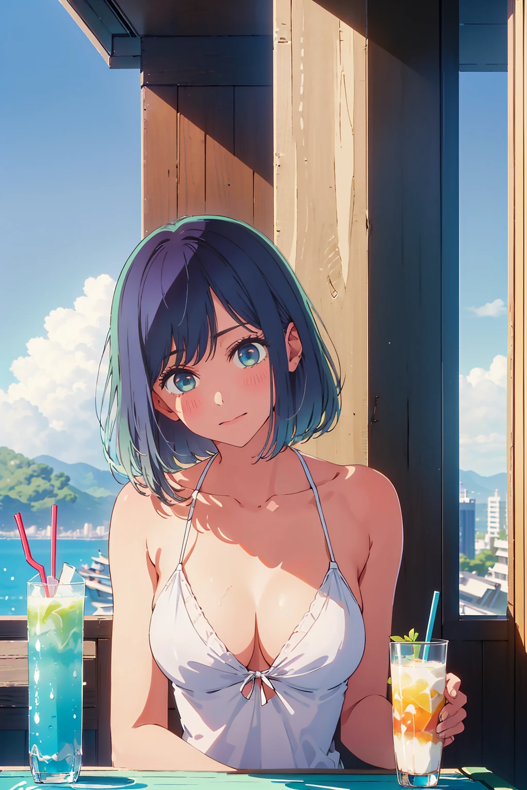 Highest quality,8k,detailed,F cup bust、Big Breasts、Very cute face、Slim and beautiful arms、Slim body、Very white beautiful skin、((((1 person、looking at the camera、smile、Thin white bikini、smile、sit、In the background are the skyscrapers of Tokyo city、Outdoor café terrace、Drink juice、Cheek resting on hand、coastal、table、Shooting from a distance))))、I can see the deep blue sky、She tilted her head slightly、The atmosphere is bright and lively、The woman is at the center of the image。