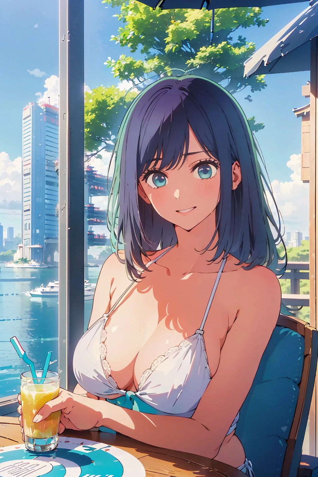 Highest quality,8k,detailed,F cup bust、Big Breasts、Very cute face、Slim and beautiful arms、Slim body、Very white beautiful skin、((((1 person、looking at the camera、smile、Thin white bikini、smile、sit、In the background are the skyscrapers of Tokyo city、Outdoor café terrace、Drink juice、Cheek resting on hand、coastal、table、Shooting from a distance))))、I can see the deep blue sky、She tilted her head slightly、The atmosphere is bright and lively、The woman is at the center of the image。