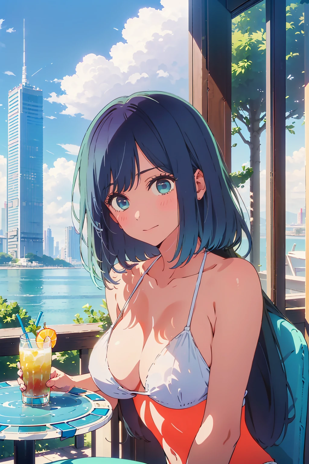 Highest quality,8k,detailed,F cup bust、Big Breasts、Very cute face、Slim and beautiful arms、Slim body、Very white beautiful skin、((((1 person、looking at the camera、smile、Thin white bikini、smile、sit、In the background are the skyscrapers of Tokyo city、Outdoor café terrace、Drink juice、Cheek resting on hand、coastal、table、Shooting from a distance))))、I can see the deep blue sky、She tilted her head slightly、The atmosphere is bright and lively、The woman is at the center of the image。