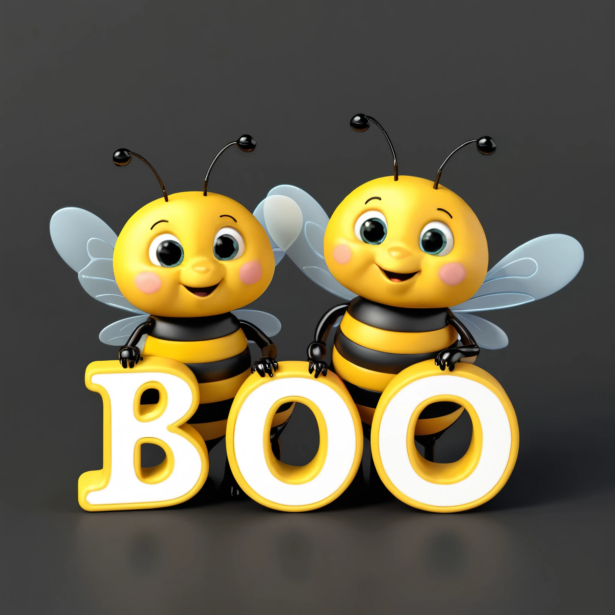 3 cute little 3d bees on a black background. The bees are standing side by side. The left bee is holding the letter 'B' and the other two bees are holding the letter 'O'. When reading what all three are holding it reads 'BOO'