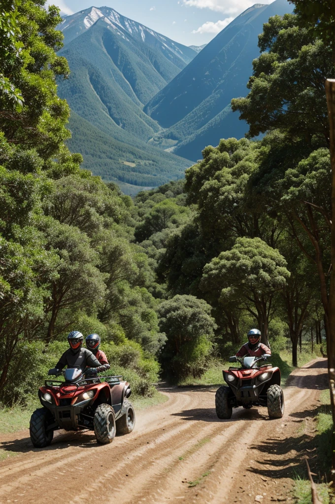 2 people on a quad bike on a road with many mountains and leafy trees