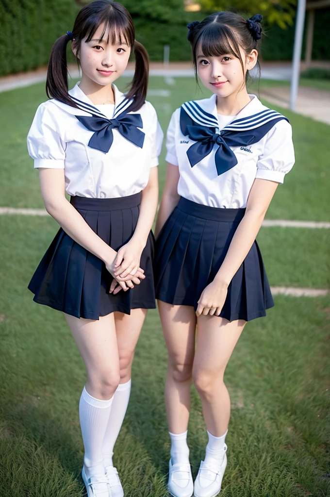 2 girls standing in school yard,short-sleeved white sailor leotard with navy blue skirt frills,red bow tie,school bags,18-year-old,bangs,a little smile,large bare thighs,knees,legs apart,short hair with low pigtails,from before,front light