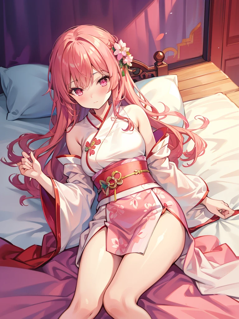 Laying in bed, blushing, Peach hair, antique Hanfu all pink, exposed thighs, exposed shoulders, exposed breasts, bondage