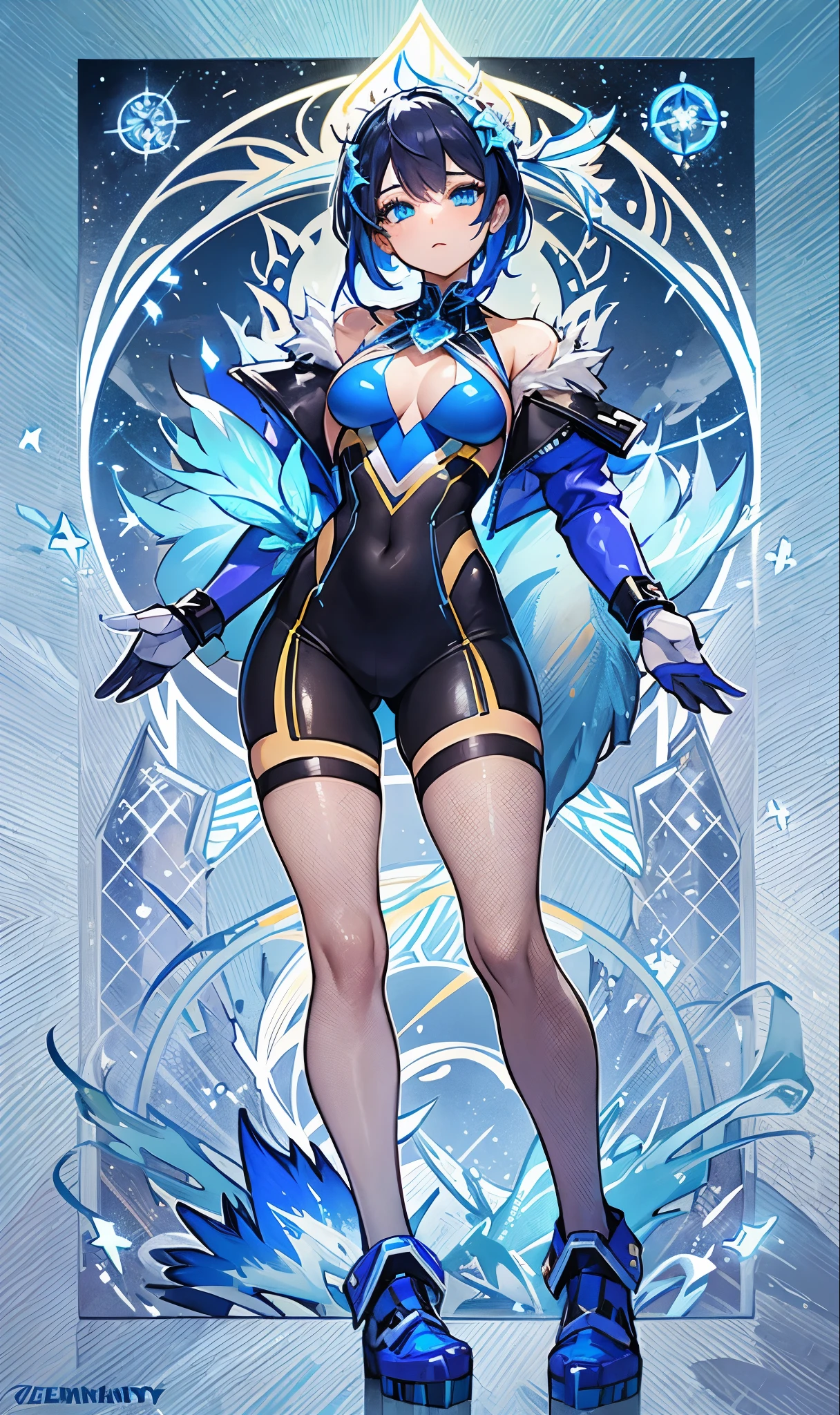 (high-res, vivid colors), blue bird alien, detailed feathers, sparkling eyes, alien landscape, vibrant colors, surreal atmosphere, glowing lights, otherworldly features, intricate patterns, dreamlike scenery, Arctic Frost Ranger: A suit featuring icy blue and frosty white hues, accented with snowflake patterns and frost crystals. This Ranger commands the power of ice and cold, with abilities such as creating blizzards, forming ice constructs for defense, and freezing enemies in their tracks.
