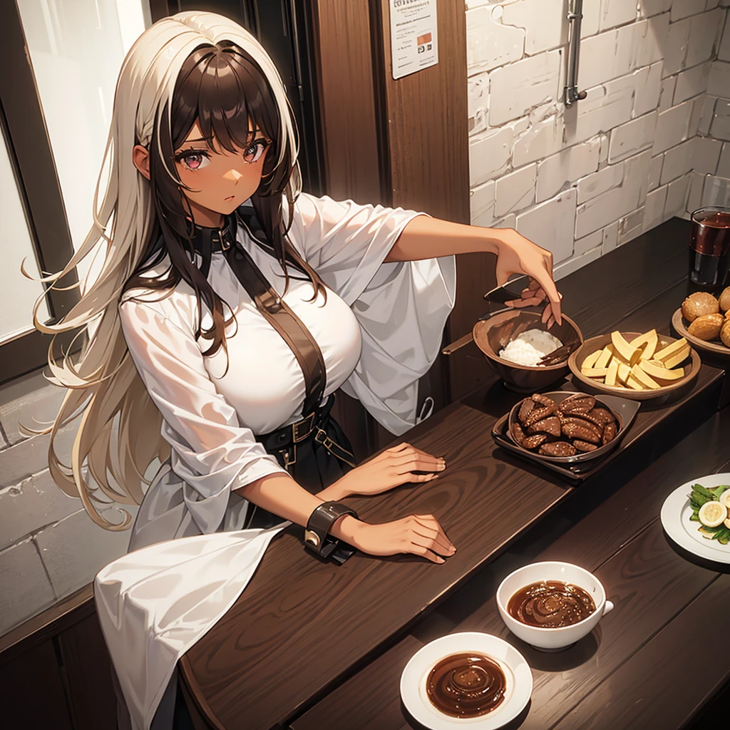 a brunette girl with brown skin, dark brown hair, medium hair, wavy hair with platinum blonde highlights and a styled fringe hair bang, With the position where she has both hands on the table, where her big breasts stand out