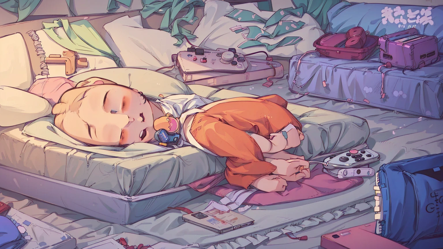there is a cartoon bear sitting on a bed with a remote control, lofi art, cozy aesthetic, in the bedroom at a sleepover, lo-fi illustration style, morning time, lofi artstyle, on my bed, 😭 🤧 💔, lofi feel, relaxing concept art, early morning, cozy place, cute illustration, cute detailed artwork, lofi vibes