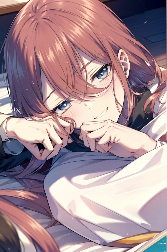 miku nakano, Nakano Miku Ticket III, Long Hair, bangs, blue eyes, Brown Hair, Hair between the eyes, Wake up,Sleepy eyes,Oversized T-shirt,Black string underwear,barefoot,smile,ロマンチックなmorning日,morning,Extreme Light,whole bodyがイラストに入るように,The sun is rising,
break indoors, Bedroom, break looking at viewer, whole body,(Cowboy Shot:1. 5)
break (masterpiece:1.2), Highest quality, High resolution, unity 8k wallpaper, (shape:0.8), (Beautiful and detailed:1.6), Highly detailed face, Perfect lighting, Highly detailed CG, (Perfect hands, Perfect Anatomy),