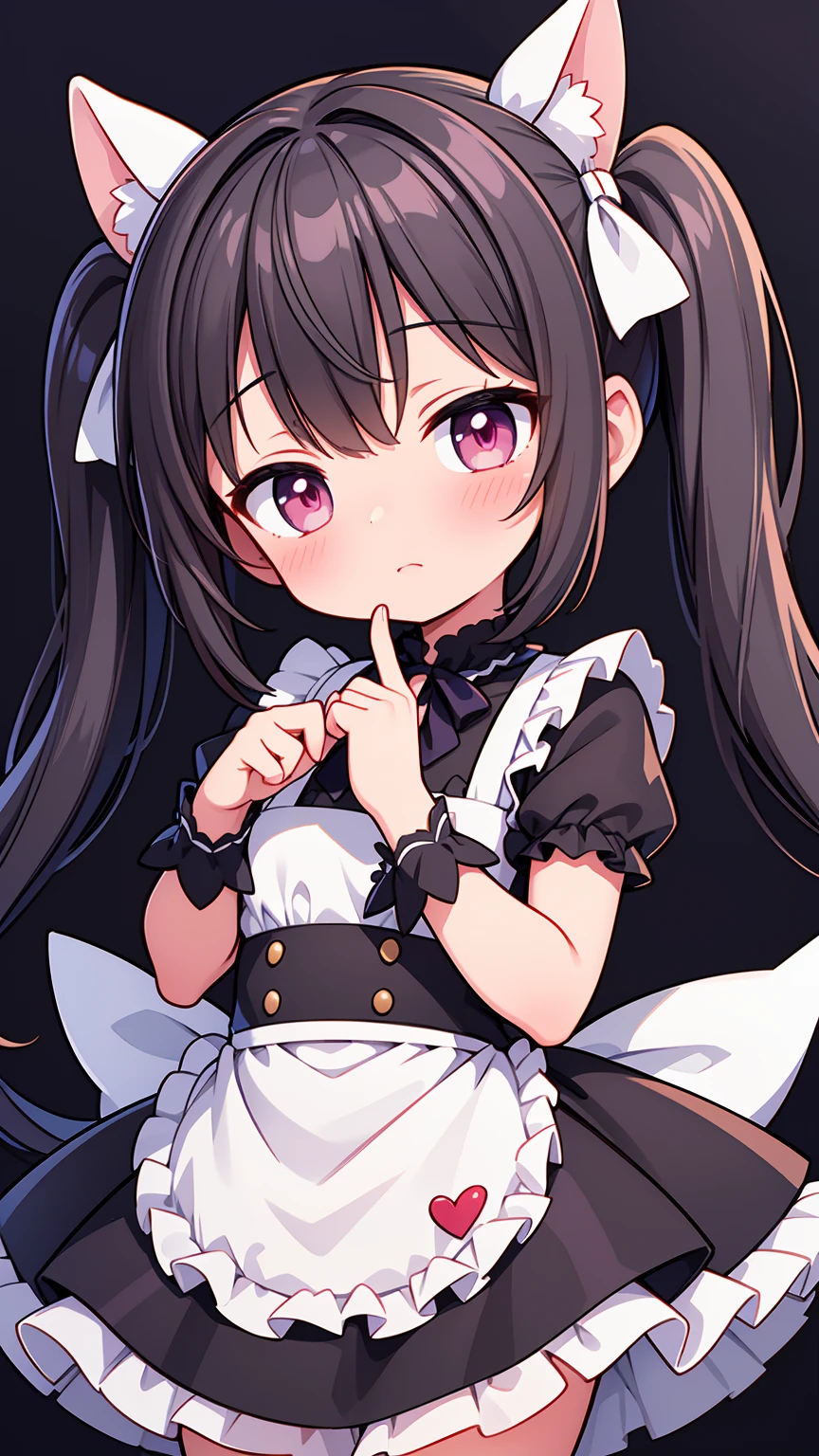 ((((White Gothic Lolita Clothing)))))、Black Hair Semi-Long、Cat ears、((( A cute smile with visible fangs)))、(((フリルがかわいいWhite Gothic Lolita Clothing,1,5)))、Small breasts、Finger Clear