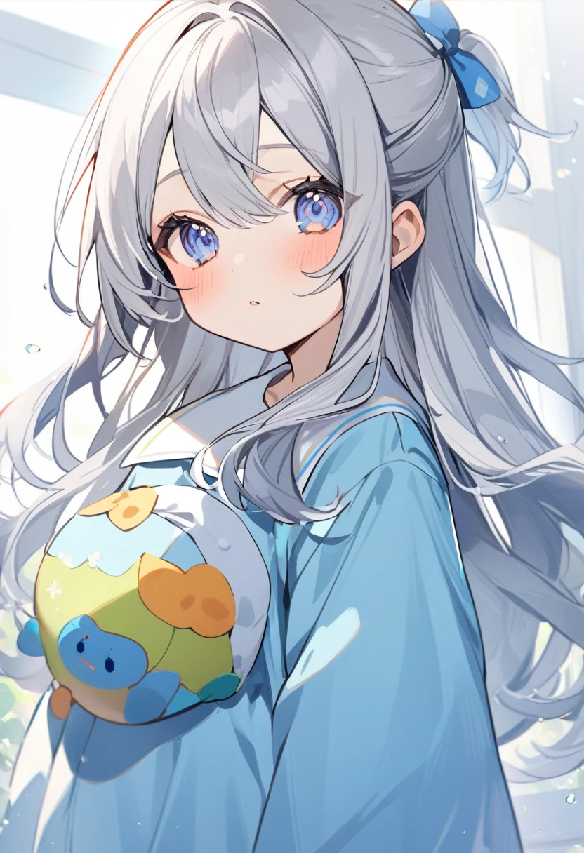 1girl,(blue hair)|(gray hair)0.5,long hair,blue eyes,kids  uniform