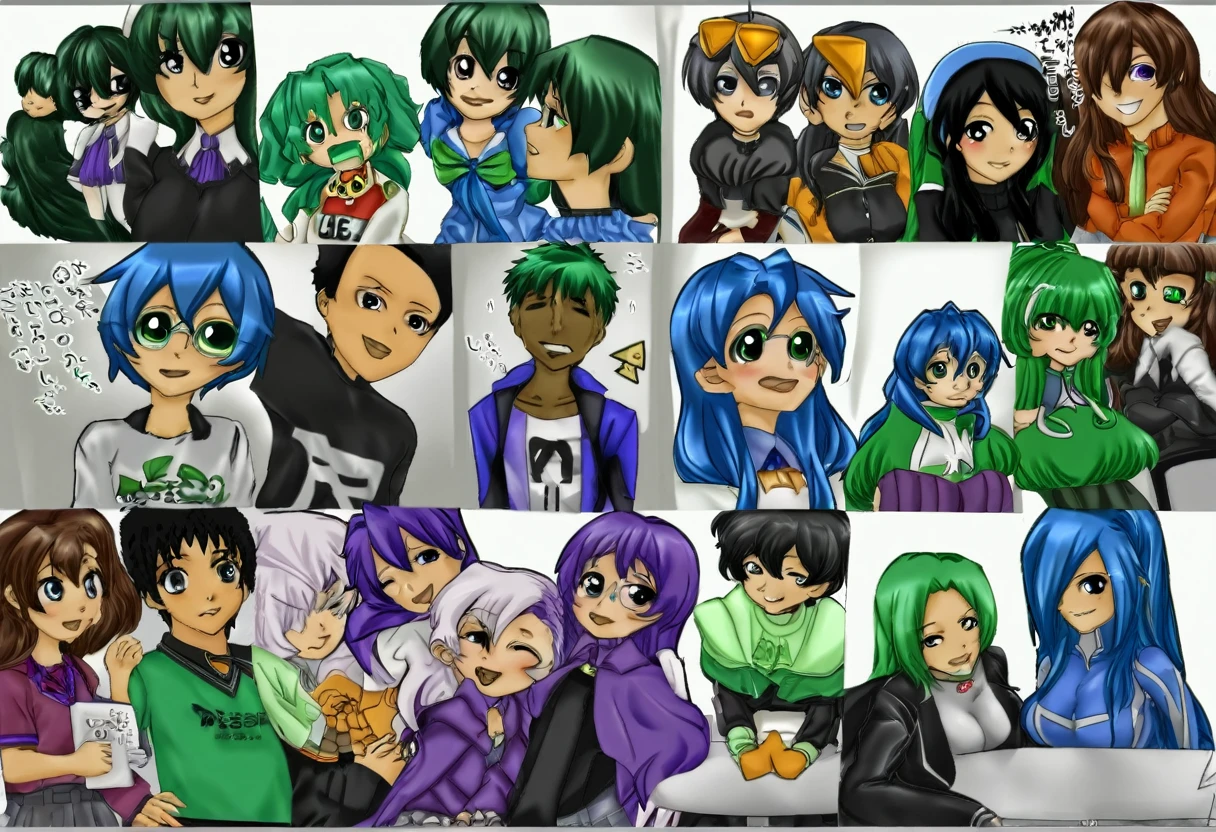 Crea. Una chica con tez clara y ojos color azules amatista,de cabello azul  largo, with the UA hero high , saco gris con verde y falda igualmente verde, con las mallas negras y zapatos escolares cafes, mirada seria pero adorable, altura 1.69 16 year old, con un collar estilo rockero negro(en el salon 1a de la escuela UA) 