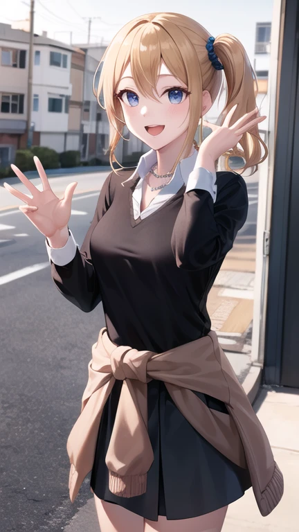 masterpiece, best quality, highres, aahayasaka, side ponytail, medium breasts, necklace, collared shirt, (black sweater:1.1), long sleeves, clothes around waist, black skirt, smile, cowboy shot, standing, outdoors, waving, open mouth,