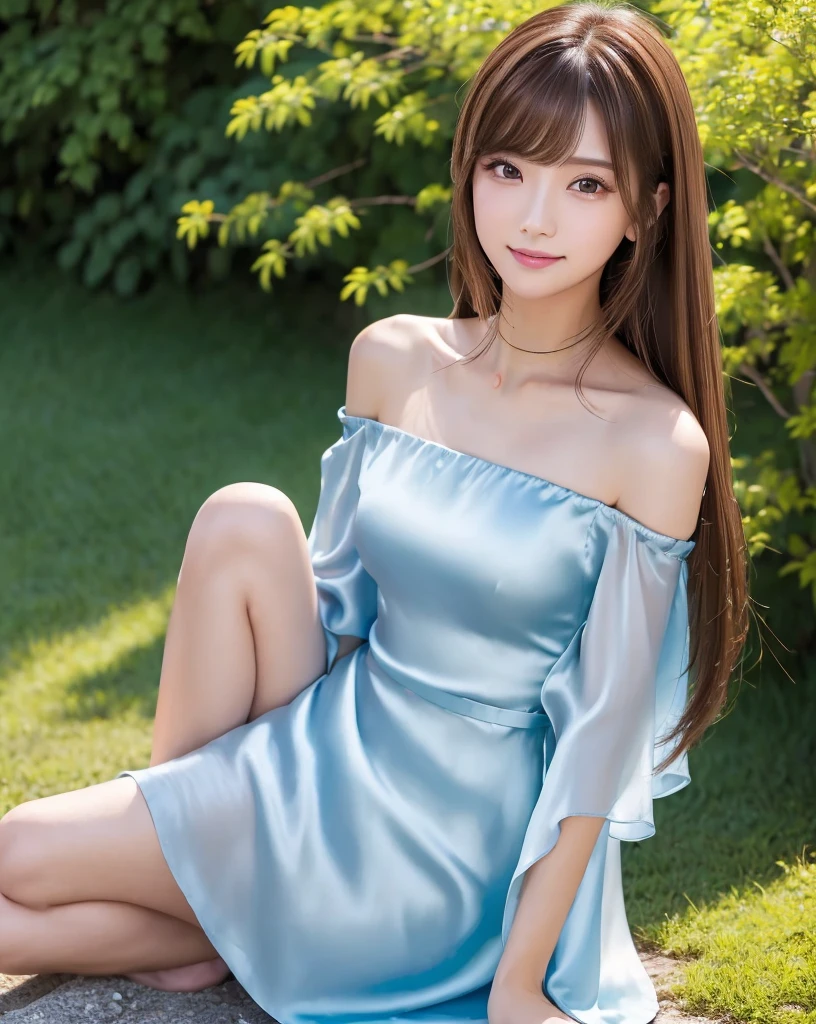 (Highest quality, 32k, High resolution, Masterpiece:1.5, ), marimo_jet, god々A photograph with brilliant dazzling and healing power., Evoking a sense of calm and elusive beauty, Expressing emotions, Have a rich imagination,Beautiful Japanese Girls, An exceptionally beautiful face, Small Face Beauty, Perfect Human Anatomy, Magical big eyes, Motherhood and generosity, Deep Love, fleeting smile, ((Shiny brown hair:1.1)), ((Super Long Straight Silk Hair)), Asymmetrical bangs, Hair between the eyes, Transparent, soft white skin, Sharp eyebrows, Thin lashes, Natural Makeup, Cheek highlighter, Pale pink detailed lips, ((Blue off-shoulder dress:1.2)), High resolutionの完璧な鎖骨, High resolutionの美しい胸元, Slim figure with ample breasts, High resolutionの美しい太もも, Beautiful legs, ((On the hill in spring)), Sitting on a green meadow, ((Absolute area:1.6)), Dazzling sunlight, blue sky, White cloud, Professional Lighting, Professional photographer, Professional models, god秘的