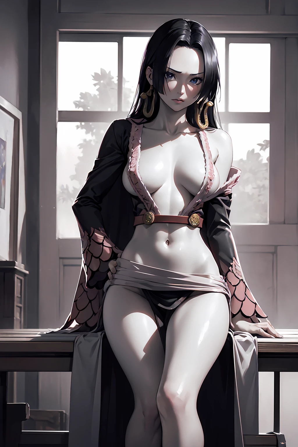 NSFW (Highest quality:1.5, High resolution, 超High resolution, 4K, Detailed lighting, Shaders)masterpiece, Highest quality, High resolution, Hancock 1, Boa Hancock,Full nudity Cowboy Shot, Sit Sweating in the crotch and thighs Sexy pose Seduce A room with a mood topless Take off your clothes
