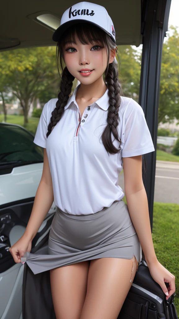 NSFW, Korean female、Golfer、randam angle、Spanning Caddy Bag、Polo shirt wet with sweat、Smaller chest、Perfectly sheer of、Arm Cover、Narrowed eyes、kawaii faces、Rin々Facial expressions、caps、poneyTail、masutepiece、top-quality、ars