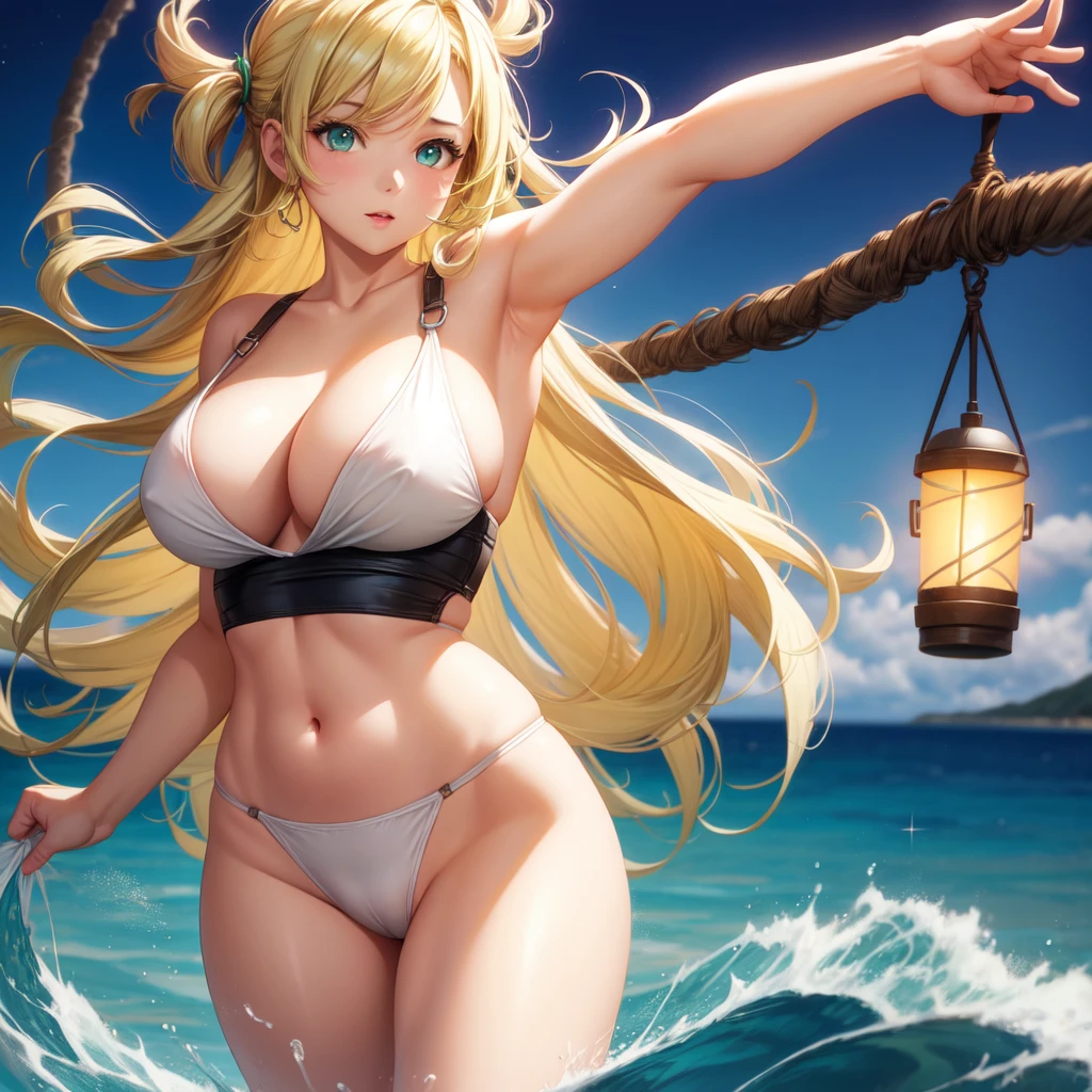One girl, solo, round breasts, clevage, curvy body, realistic, blonde hair, light green eyes,