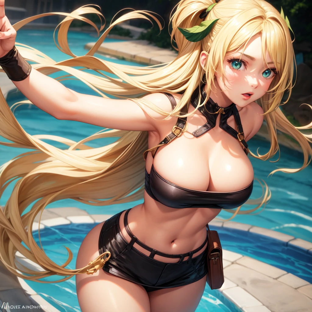 One girl, solo, round breasts, clevage, curvy body, realistic, blonde hair, light green eyes,