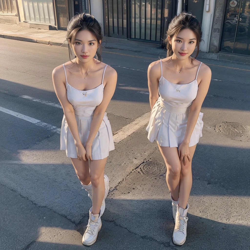 (a girl pretty girl with perfect figure), (Short flared dress), (white bra), (strapless dress), (cotton spaghetti-strap top :1.2), ((Hem full flared dress)), (midi(32K,1 20-year-old girl, The light from the rear window is backlit, Ray traching), (full body), (white sneakers), (a pair of white leather boots, highly detailed boots), (hair black), (two-parted hair :1.3), (very thick hair), (hands close to the body), (Slender chest), (visible shoe sole :1,5), (short upper chest :1.5), (pectoral muscles are large :1.5), (upper breasts are firm and round :1.5), (stretches chest stretching), (stand upright), (two shoe ends), (two shoe toes) ,(put on blush), (apply powder), (makeup), (standing), (asian girl princess), (Oversized T-shirt with excess fabric when tucked into a skirt), (seamless skirt), (long shins) , (big shins), (A hem full flared skirt)