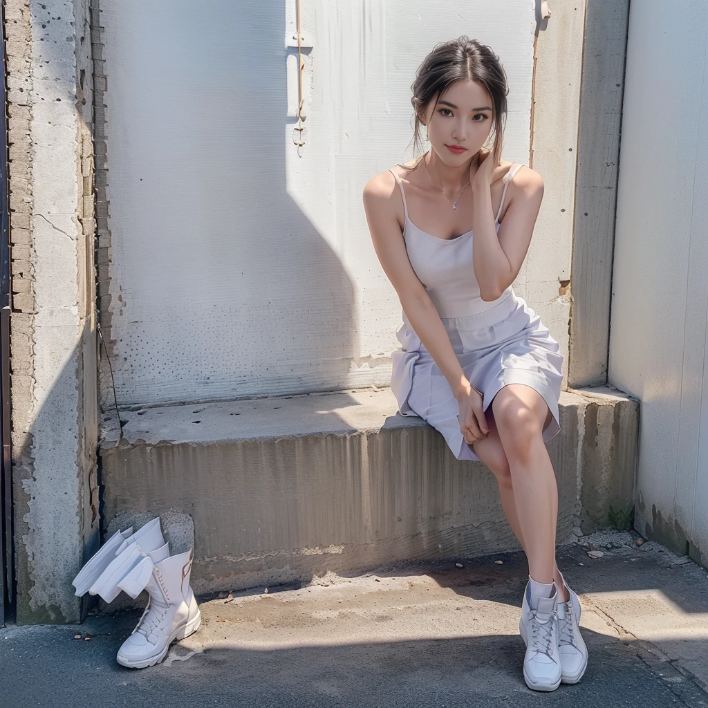(a girl pretty girl with perfect figure), (Short flared dress), (white bra), (strapless dress), (cotton spaghetti-strap top :1.2), ((Hem full flared dress)), (midi(32K,1 20-year-old girl, The light from the rear window is backlit, Ray traching), (full body), (white sneakers), (a pair of white leather boots, highly detailed boots), (hair black), (two-parted hair :1.3), (very thick hair), (hands close to the body), (Slender chest), (visible shoe sole :1,5), (short upper chest :1.5), (pectoral muscles are large :1.5), (upper breasts are firm and round :1.5), (stretches chest stretching), (stand upright), (two shoe ends), (two shoe toes) ,(put on blush), (apply powder), (makeup), (standing), (asian girl princess), (Oversized T-shirt with excess fabric when tucked into a skirt), (seamless skirt), (long shins) , (big shins), (A hem full flared skirt)