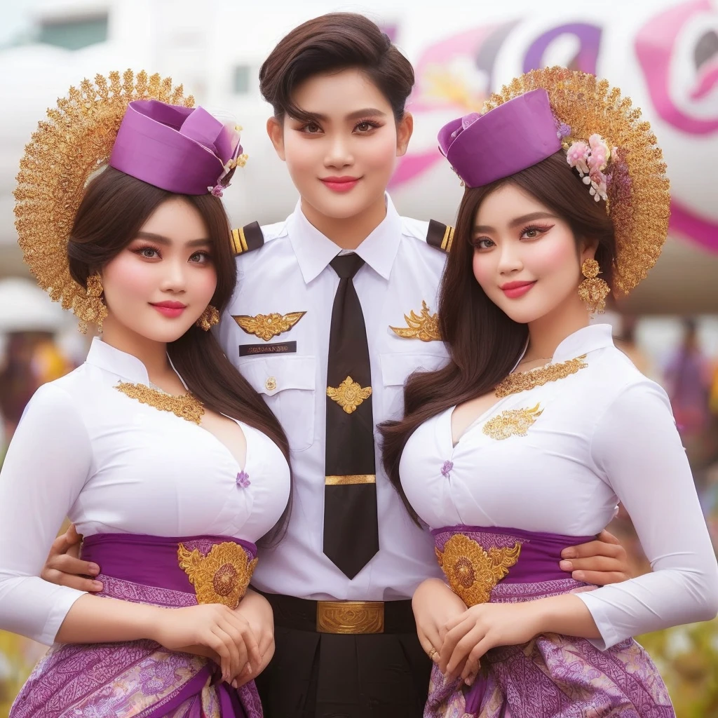 two beautiful Indonesian chubby women with one hansome man in white shirts and purple skirts posing for a picture, flight attendant uniform, traditional clothes, south east asian with long, traditional dress, traditional clothing, sukhothai costume, traditional, wearing an elegant tribal outfit, traditional beauty, wearing traditional garb, symmetric!!, wearing authentic attire, wearing beautiful clothes, sarong, batik, very beautiful enga style, profile picture 1024px