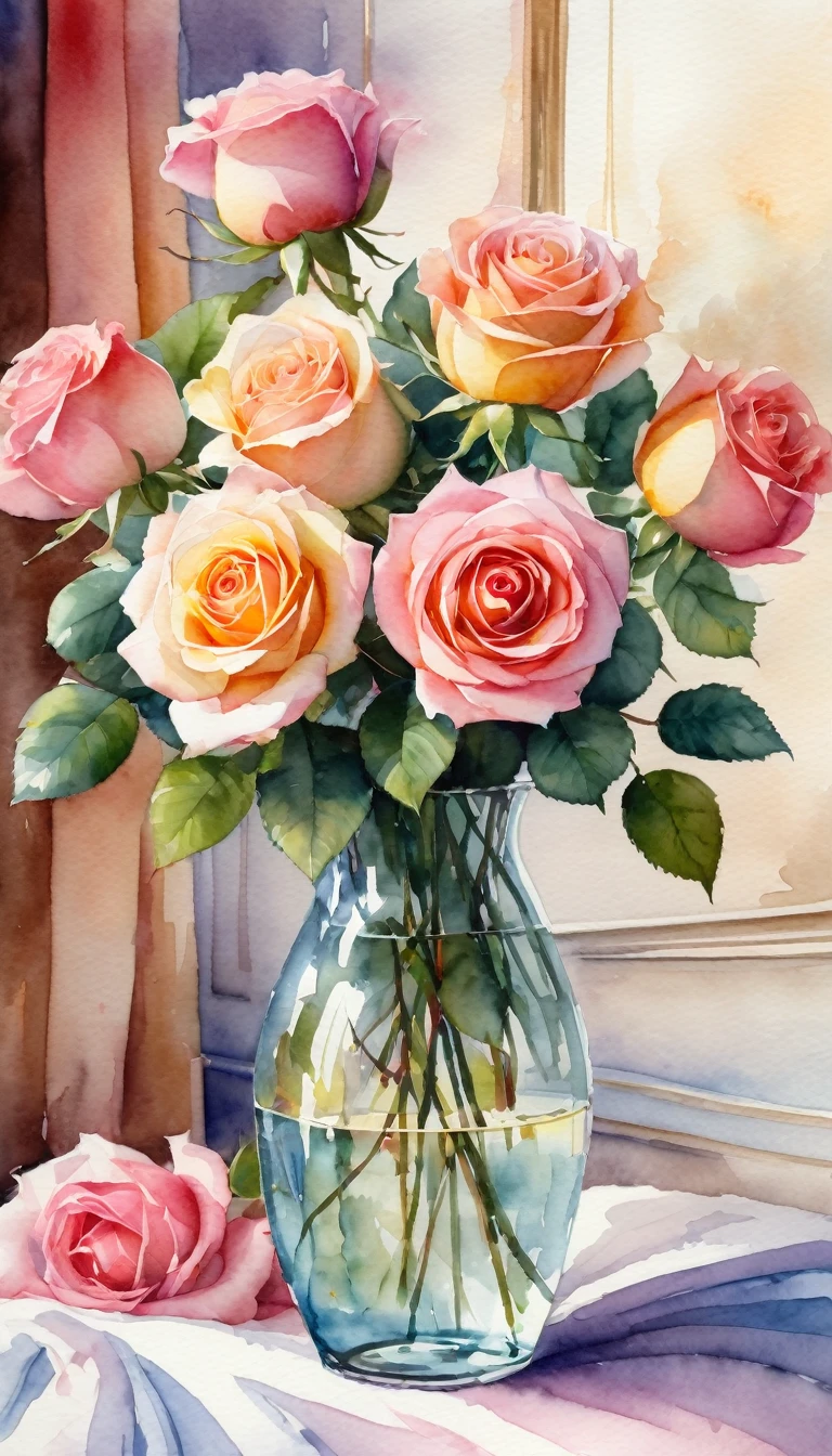 Watercolor：Beautiful roses in a vase in the bedroom