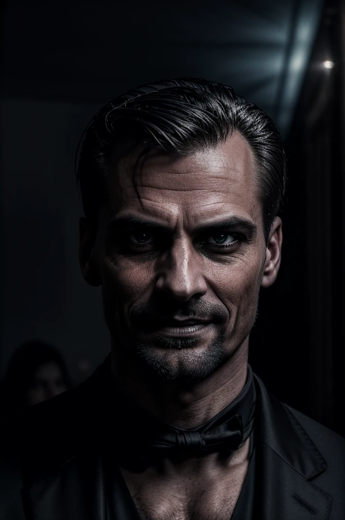 a sinister mysterious man with a cold gaze, giving a macabre smile inside a crowded ballroom, looking at beautiful young women, dark fantasy, dramatic lighting, dramatic shadows, dramatic pose, detailed facial features, detailed eyes, detailed lips, intricate details, rich colors, cinematic atmosphere, masterpiece, best quality, 8k, hyper detailed, photorealistic