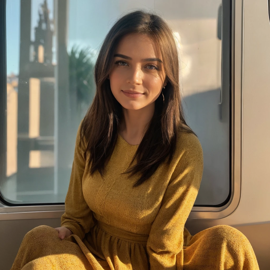 mejor calidad, ultra detallado, golden ratio, Obra maestra:1.2), natural lighting, foto de una mujer, vestida con un vestido muy elegante y bonito, Cara perfecta, (piel muy detallada), cabello rubio de tono dorado, Esconde tu boca con tus manos.、Ridiculous, Textura de la piel, pale skin, Piel brillante, (delgado, talla grande:1.2), [:(Sharp focus on strange face, ojos verdes perfectos:1.2):0.2], fotorrealista, film grain, Pon un pie adelante、desde abajo mirando hacia arriba、look at the camera、Destacar los hombros, centrarse en la cara、medias、Anteojos、Smile with the corners of your mouth raised.、disdainful expression, Bruma de verano, colores apagados, warm, muted colors, Photo cinematographic portrait of a woman dressed in a striped dress sitting by the window in the early morning, cinematographic, (inclinado:1.3) (en un viejo tren) mira cauteloso, parado bajo un foco, volumetric dust clouds, llave de luz, Iluminar desde el fondo, natural lighting suave, photography Film grain ISO 400 30mm RAW f1 lens.8 apertura, Muy detallado (Analogic photograph:1), colores hdr