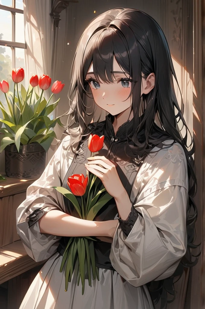 ((Best quality)), ((masterpiece)), (detailed), draw a very beautiful girl with tulips in her hands