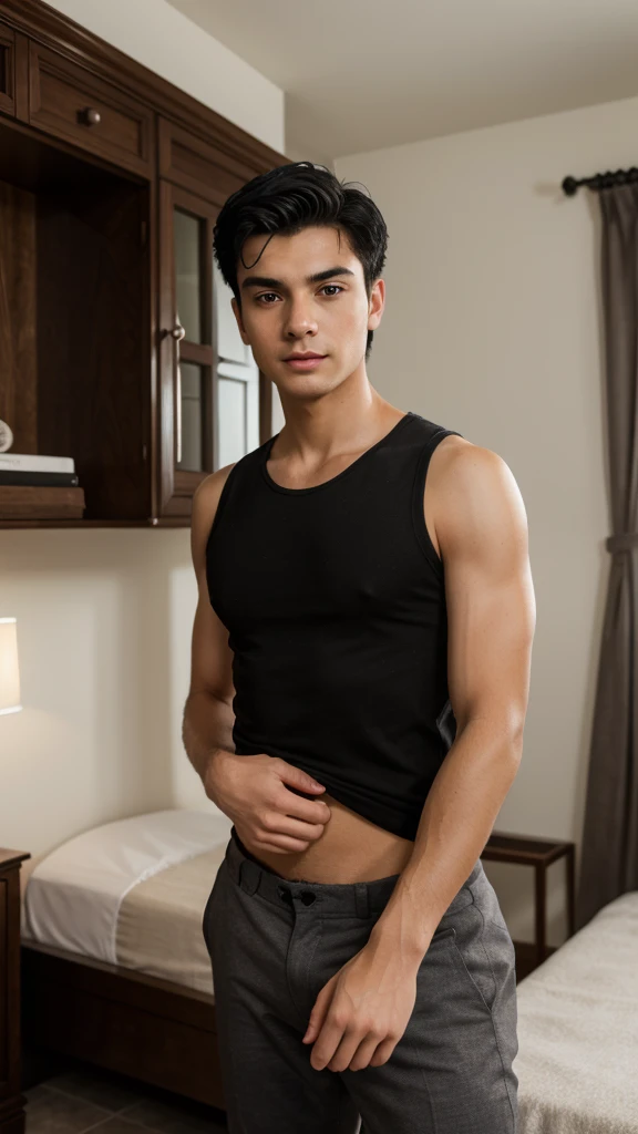 Masterpiece, upper, very detailed, real photos, A very handsome man, 18 year old, Spike Black Hair, wearing a Tanktop and Black Cinos, Standing facing the camera under the Bedroom, 64K ultraHD resolution, HDR, 800mm lens, realistic , hyperrealistic, photography, professional photography, deep photography, ultra HD, very high quality, best quality, mid quality, HDR photo, focus photo, deep focus, very detailed, original photo, original photo, ultra sh