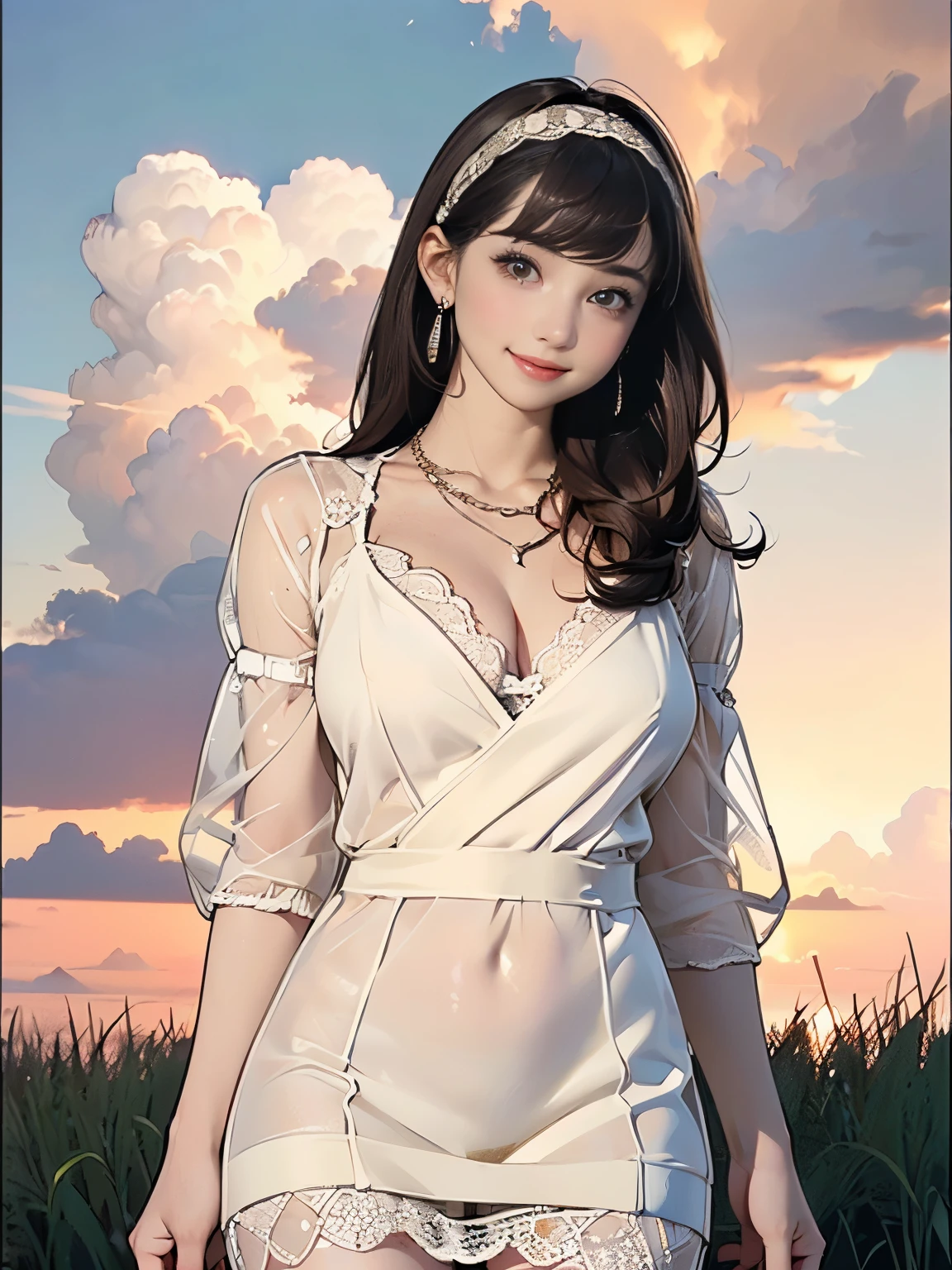 ((((Highest quality))))、(((Ultra-precision CG16K wallpaper)))、(((masterpiece)))、(((Super detailed)))、(((Extreme detail)))、((１Mature 29 year old woman:1.6))、((Very beautiful Japan face of a person))、((Urizane Face:1.6))、((Medium Straight Hair、blunt bangs:1.8))、(Shiny brown hair)、A delicately drawn beautiful face、Dark Eyes、High nose、Small nostrils、Small Mouth、Seductive lips、Beautiful breasts、((C cup size breasts))、Cleavage、Beautiful feet、eight-headed body、Perfect proportions、Perfect Anatomy、Perfect composition、Beautiful detailed shading、Beautiful, natural lighting、Beautiful detail glow、Depth of written boundary、(((High chroma)))、(((Real:1.9)))、((vivid:1.5))、((Beautiful Skin))、((Skin Texture))、((Realな皮膚感))、(((Cowboy Shot:1.6)))、((front view、shoot from front、front low angle:1.6))、(((smile:1.8)))、((The woman is looking at this、looking at viewer:1.6))、Bright daylight、Natural light、(((background_Grass Square、cloud:1.4)))、(Fashion model standing pose:1.6)、(((Beige see-through lace knit mini dress:1.6)))、((hair band、necklace、Wearing earrings:1.5))、((Knee socks clothing:1.3))、