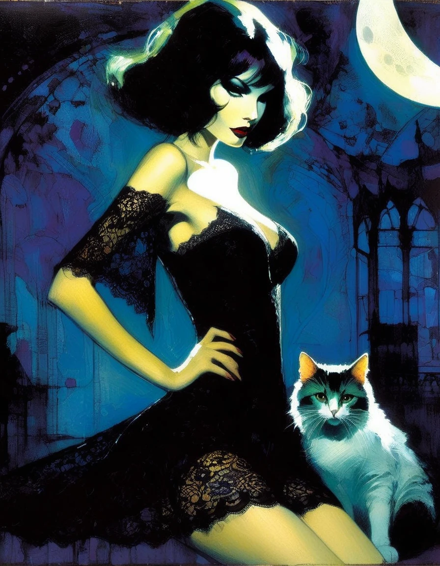 the sexy girl and the cat and the half moon, night, lace dress ( art inspired by Bill Sienkiewicz, oil painting)