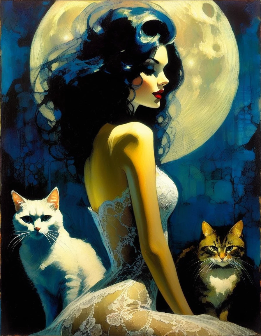 the sexy girl and the cat and the half moon, night, lace dress ( art inspired by Bill Sienkiewicz, oil painting)